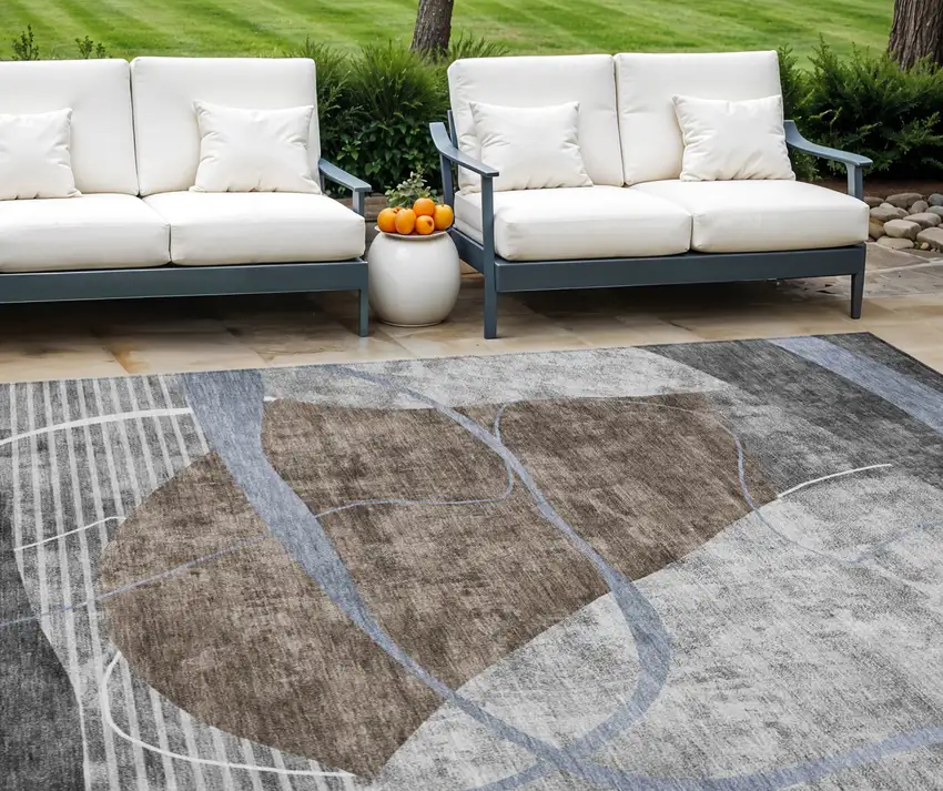 Chocolate Gray And Charcoal Abstract Washable Indoor Outdoor Area Rug Photo 1