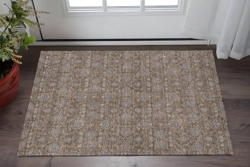 Chocolate Gray And Charcoal Floral Washable Area Rug With UV Protection Photo 2