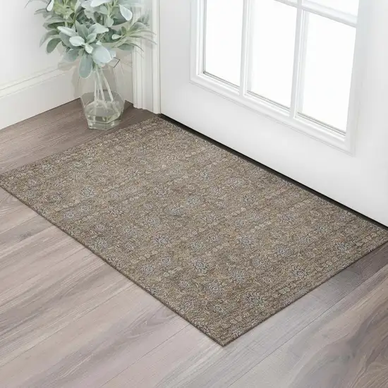 Chocolate Gray And Charcoal Floral Washable Area Rug With UV Protection Photo 1