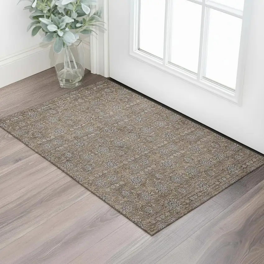 Chocolate Gray And Charcoal Floral Washable Area Rug With UV Protection Photo 1