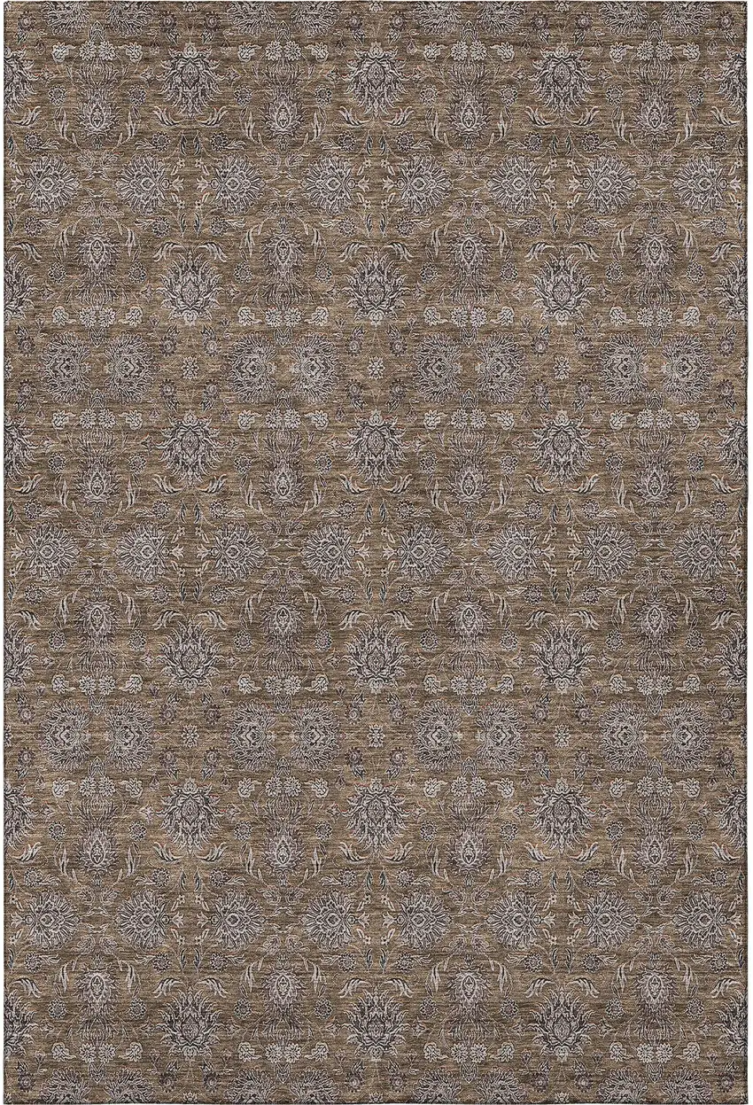 Chocolate Gray And Charcoal Floral Washable Area Rug With UV Protection Photo 3