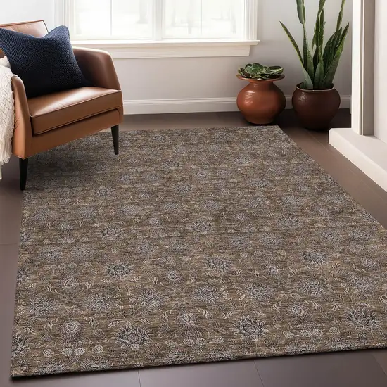 Chocolate Gray And Charcoal Floral Washable Area Rug With UV Protection Photo 4