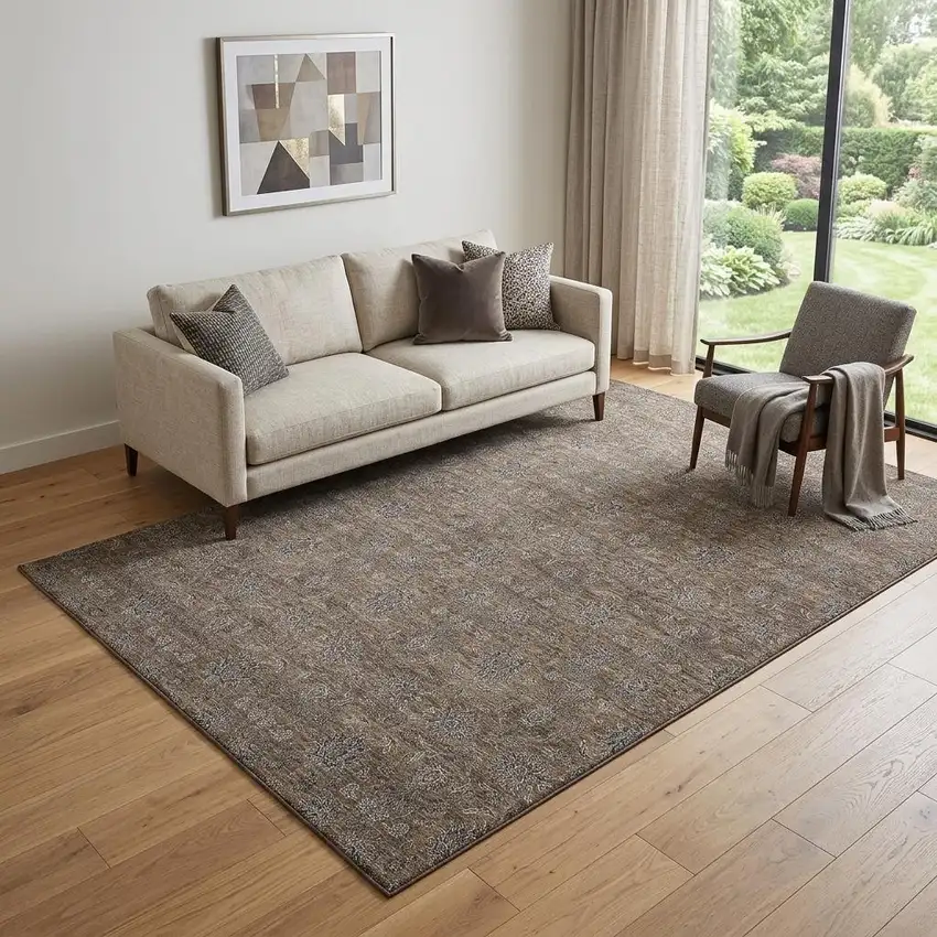 Chocolate Gray And Charcoal Floral Washable Area Rug With UV Protection Photo 1