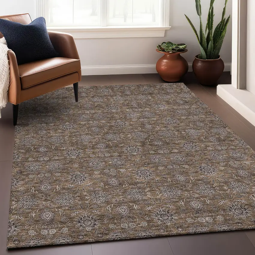 Chocolate Gray And Charcoal Floral Washable Area Rug With UV Protection Photo 4