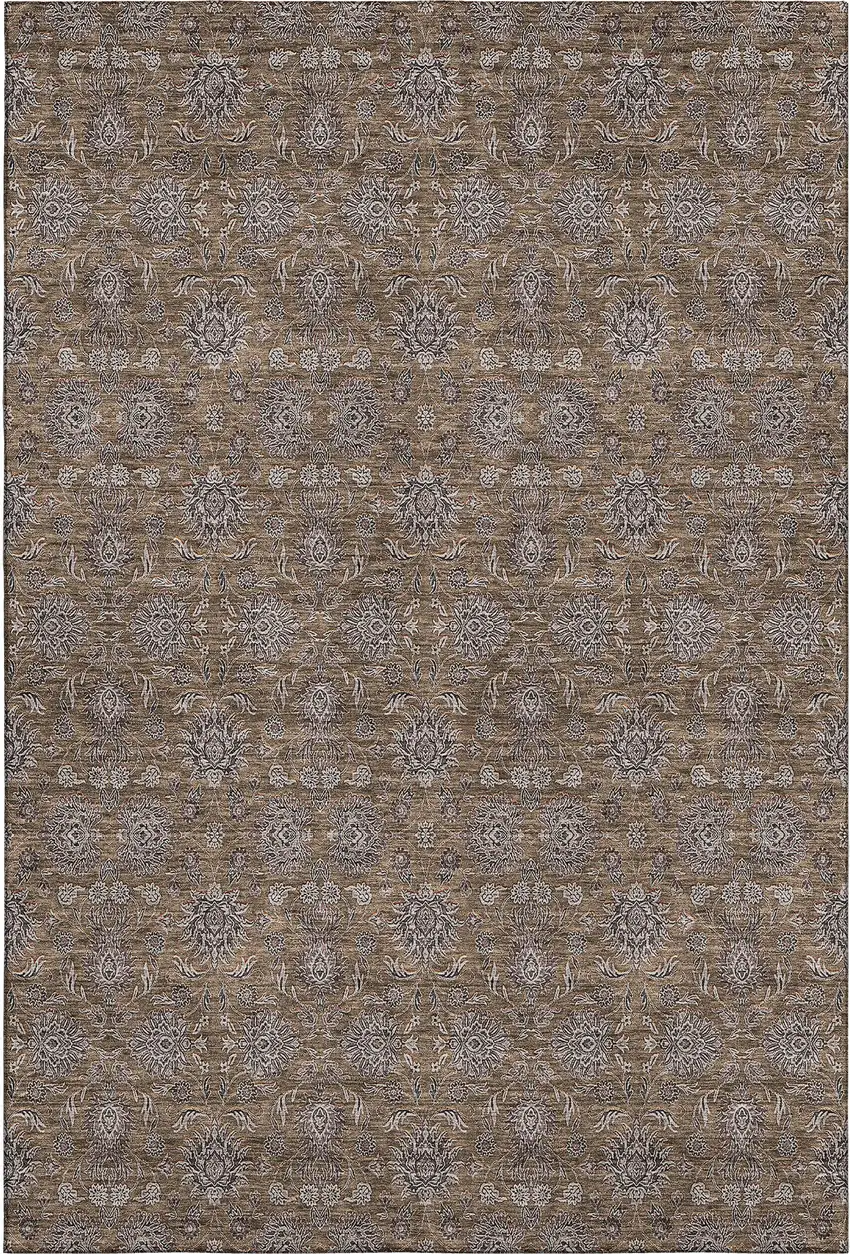 Chocolate Gray And Charcoal Floral Washable Area Rug With UV Protection Photo 2