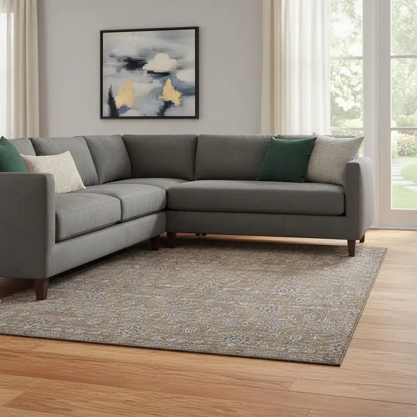 Chocolate Gray And Charcoal Floral Washable Area Rug With UV Protection Photo 1