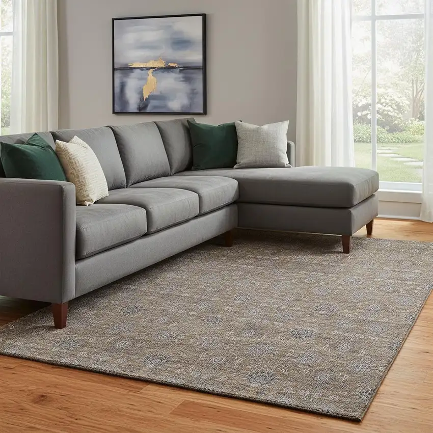 Chocolate Gray And Charcoal Floral Washable Area Rug With UV Protection Photo 1