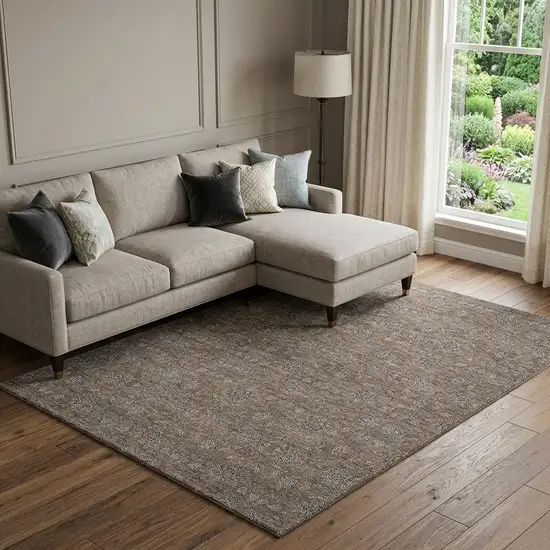 Chocolate Gray And Charcoal Floral Washable Area Rug With UV Protection Photo 1