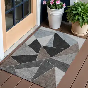 Photo of Chocolate Gray And Charcoal Geometric Washable Indoor Outdoor Area Rug