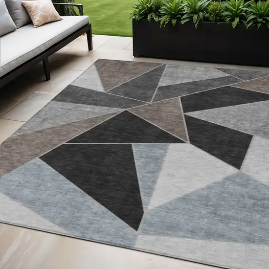 Chocolate Gray And Charcoal Geometric Washable Indoor Outdoor Area Rug Photo 1