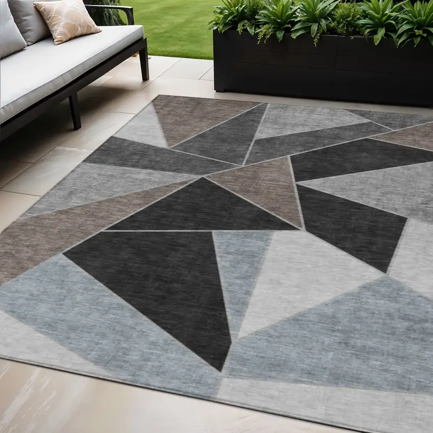 Chocolate Gray And Charcoal Geometric Washable Indoor Outdoor Area Rug Photo 1