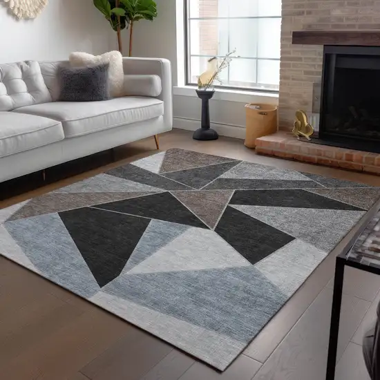 Chocolate Gray And Charcoal Geometric Washable Indoor Outdoor Area Rug Photo 9
