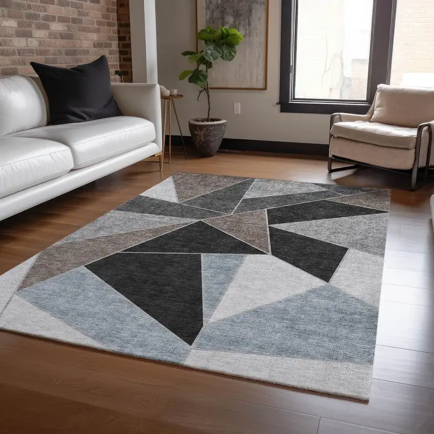 Chocolate Gray And Charcoal Geometric Washable Indoor Outdoor Area Rug Photo 8