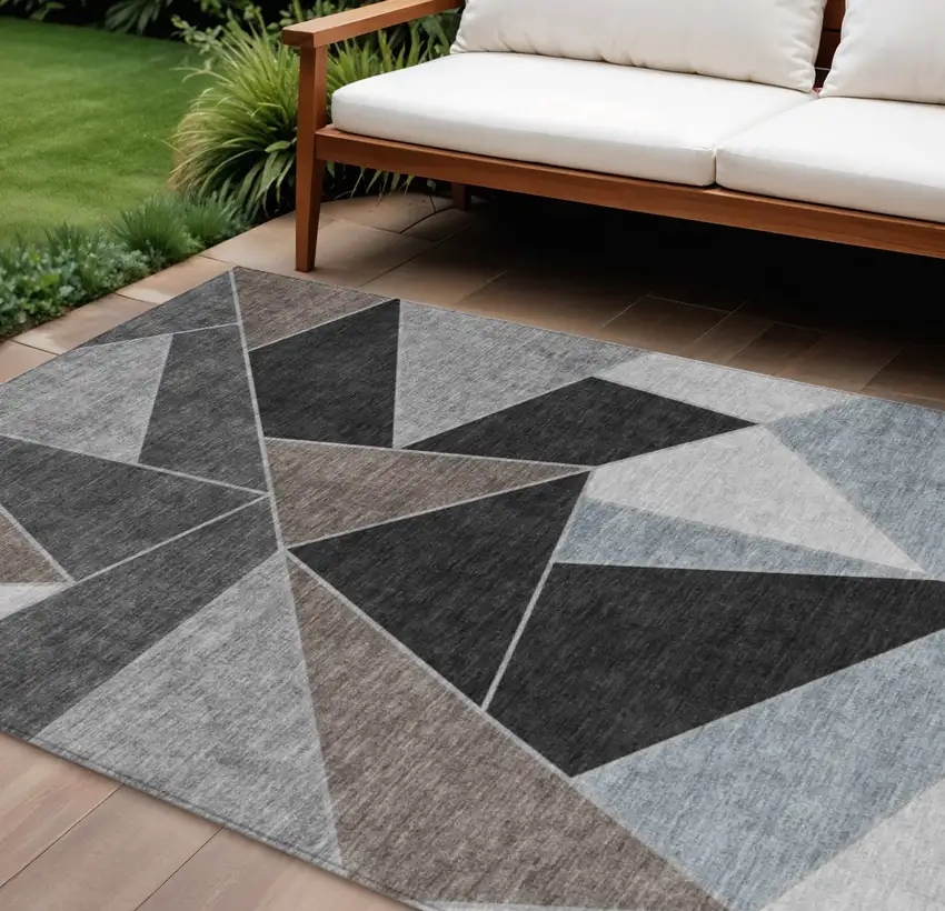 Chocolate Gray And Charcoal Geometric Washable Indoor Outdoor Area Rug Photo 1
