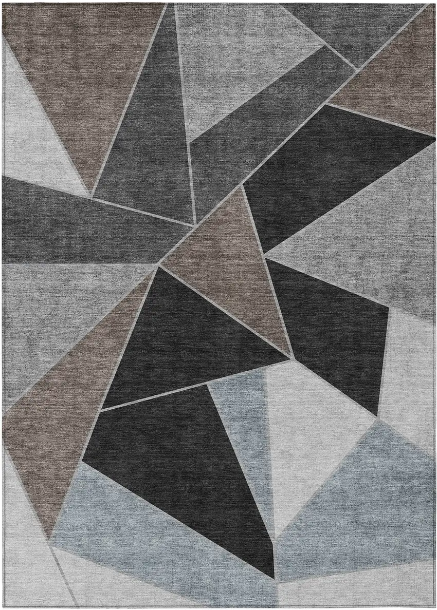 Chocolate Gray And Charcoal Geometric Washable Indoor Outdoor Area Rug Photo 1
