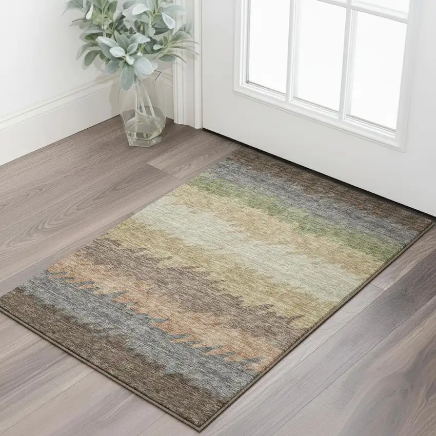 Chocolate Gray And Green Striped Washable Area Rug With UV Protection Photo 2