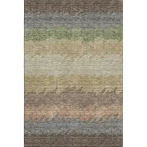 Photo of Chocolate Gray And Green Striped Washable Area Rug With UV Protection