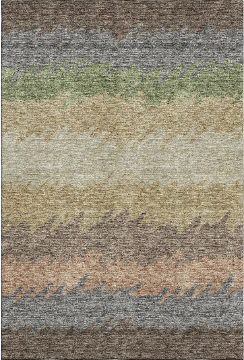 Chocolate Gray And Green Striped Washable Area Rug With UV Protection Photo 1