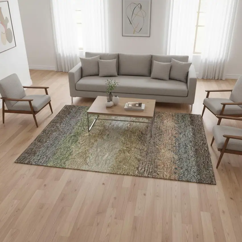 Chocolate Gray And Green Striped Washable Area Rug With UV Protection Photo 2