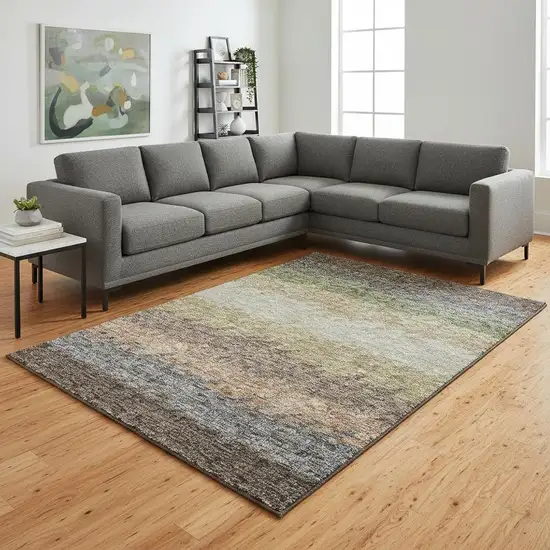 Chocolate Gray And Green Striped Washable Area Rug With UV Protection Photo 2