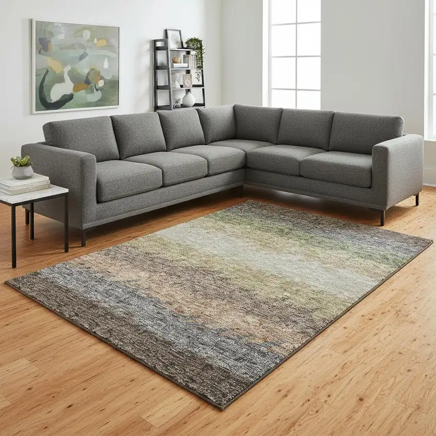 Chocolate Gray And Green Striped Washable Area Rug With UV Protection Photo 2