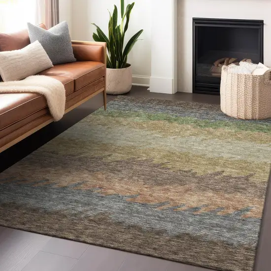 Chocolate Gray And Green Striped Washable Area Rug With UV Protection Photo 6