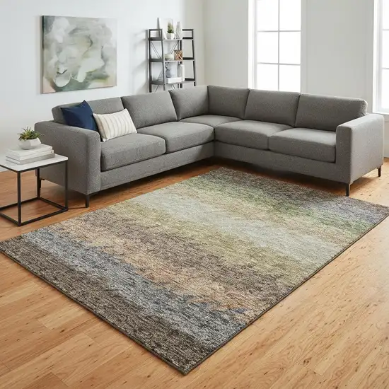 Chocolate Gray And Green Striped Washable Area Rug With UV Protection Photo 2