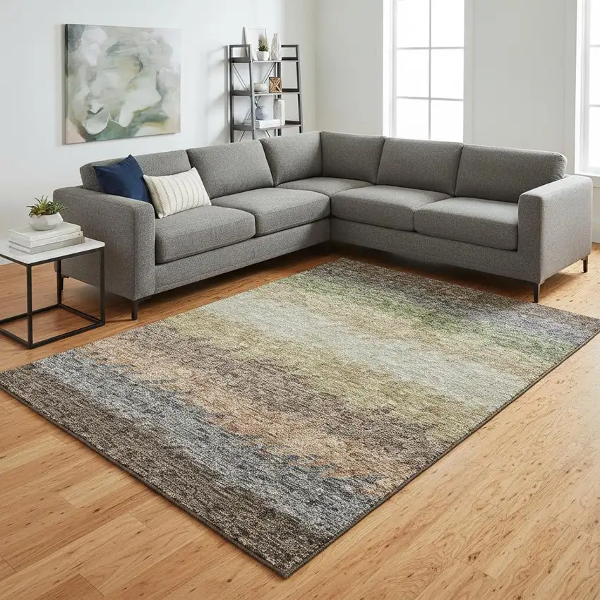 Chocolate Gray And Green Striped Washable Area Rug With UV Protection Photo 2