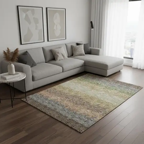 Chocolate Gray And Green Striped Washable Area Rug With UV Protection Photo 2