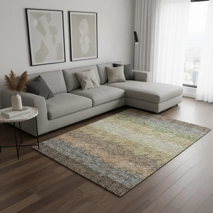 Chocolate Gray And Green Striped Washable Area Rug With UV Protection Photo 2