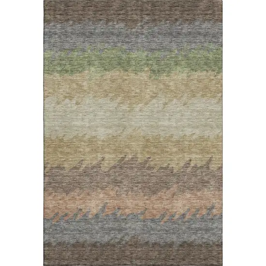 Chocolate Gray And Green Striped Washable Area Rug With UV Protection Photo 1