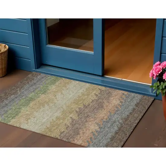 Chocolate Gray And Green Striped Washable Indoor Outdoor Area Rug Photo 1
