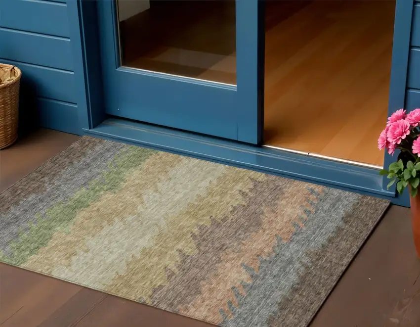 Chocolate Gray And Green Striped Washable Indoor Outdoor Area Rug Photo 1