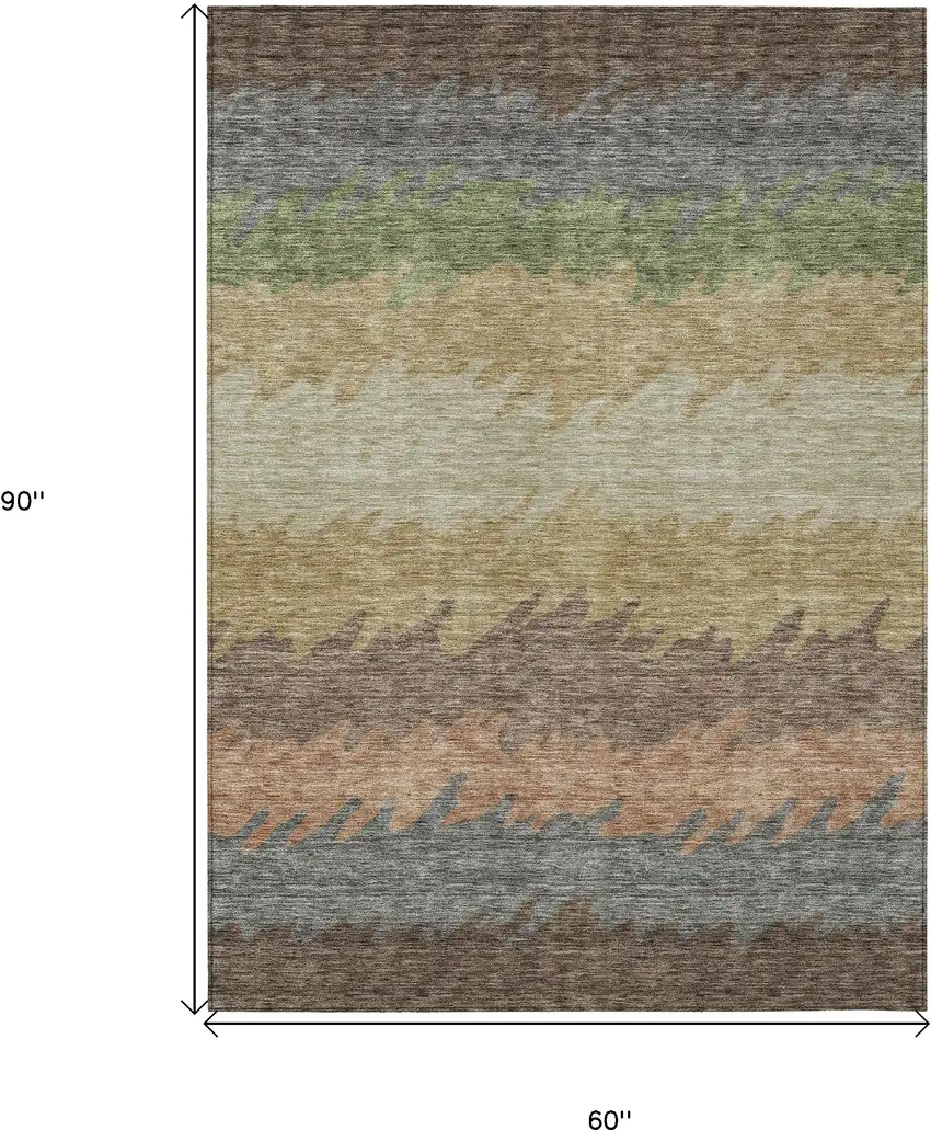 Chocolate Gray And Green Striped Washable Indoor Outdoor Area Rug Photo 3