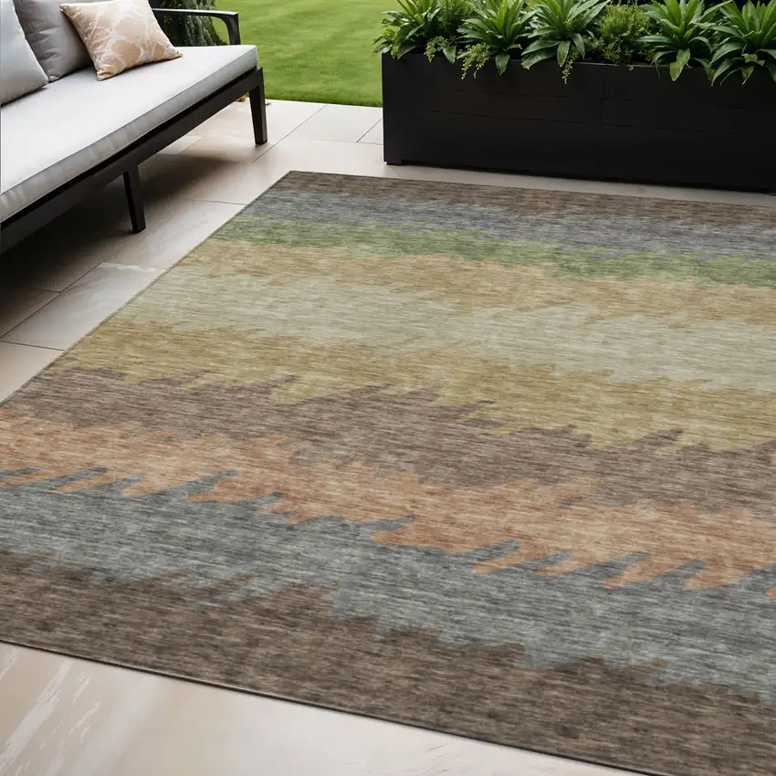 Chocolate Gray And Green Striped Washable Indoor Outdoor Area Rug Photo 1