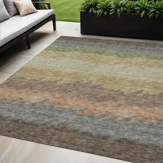 Chocolate Gray And Green Striped Washable Indoor Outdoor Area Rug Photo 1