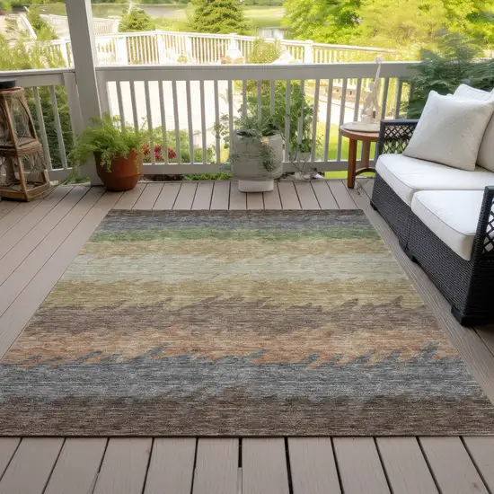 Chocolate Gray And Green Striped Washable Indoor Outdoor Area Rug Photo 6