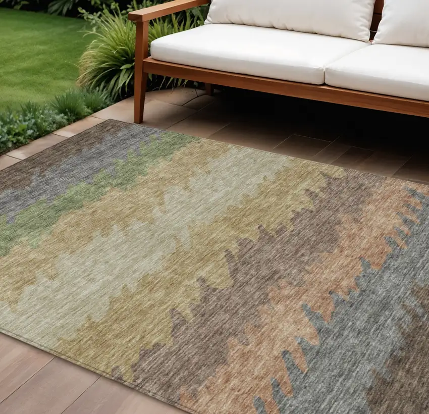 Chocolate Gray And Green Striped Washable Indoor Outdoor Area Rug Photo 1