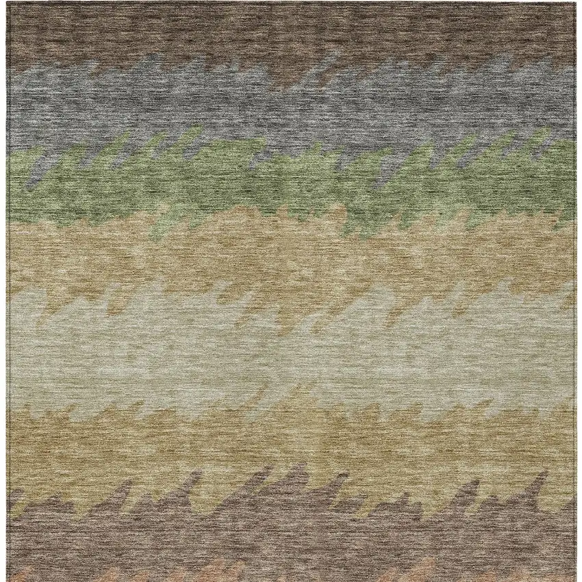 Chocolate Gray And Green Striped Washable Indoor Outdoor Area Rug Photo 5