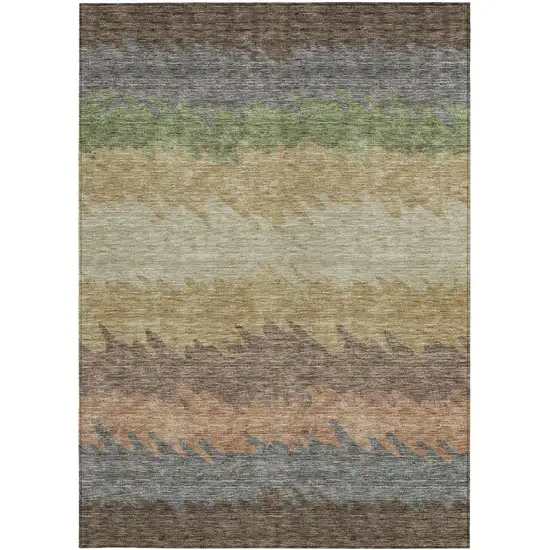 Chocolate Gray And Green Striped Washable Indoor Outdoor Area Rug Photo 5