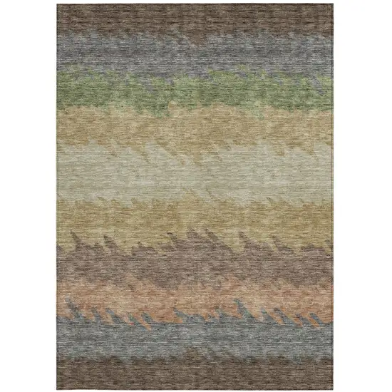 Chocolate Gray And Green Striped Washable Indoor Outdoor Area Rug Photo 5