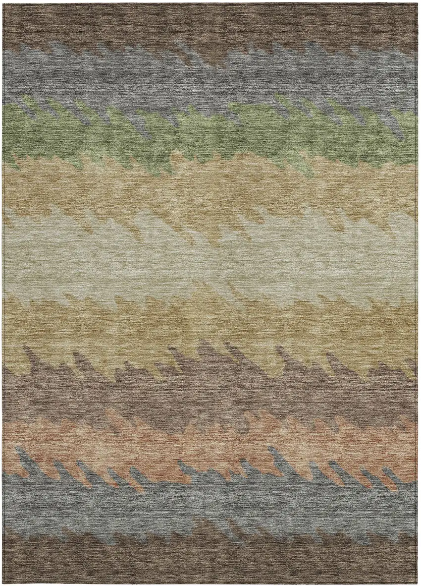 Chocolate Gray And Green Striped Washable Indoor Outdoor Area Rug Photo 5