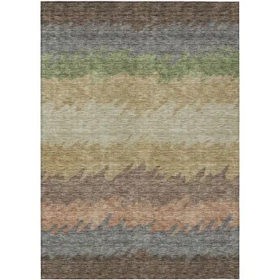 Chocolate Gray And Green Striped Washable Indoor Outdoor Area Rug Photo 1