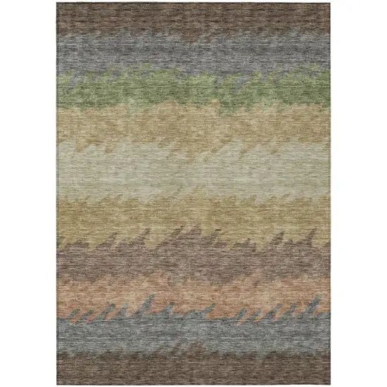 Chocolate Gray And Green Striped Washable Indoor Outdoor Area Rug Photo 1