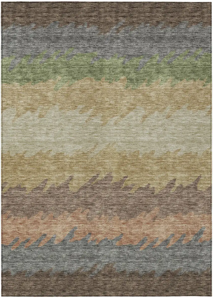 Chocolate Gray And Green Striped Washable Indoor Outdoor Area Rug Photo 1