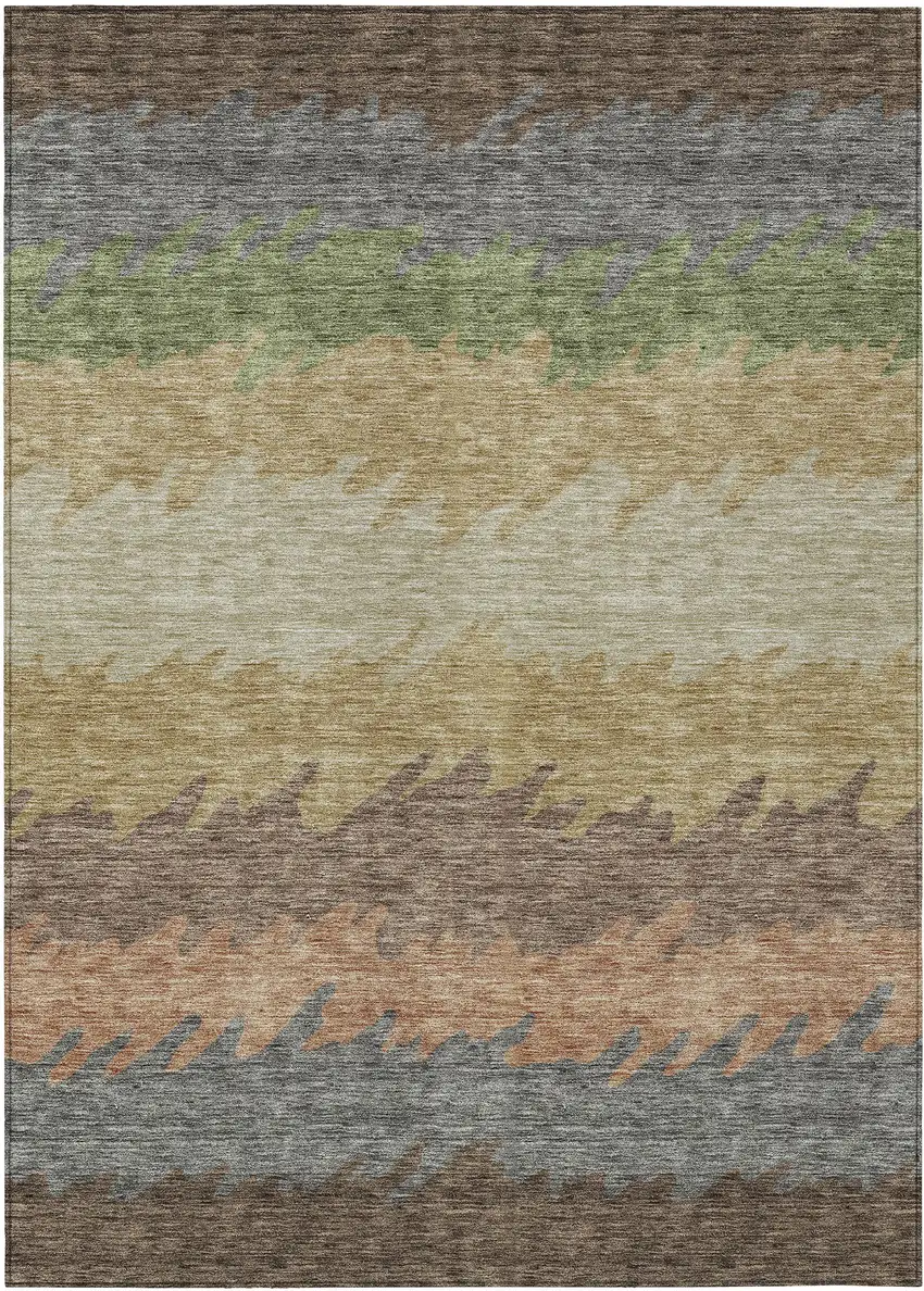 Chocolate Gray And Green Striped Washable Indoor Outdoor Area Rug Photo 1