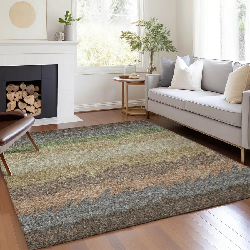 Chocolate Gray And Green Striped Washable Indoor Outdoor Area Rug Photo 7