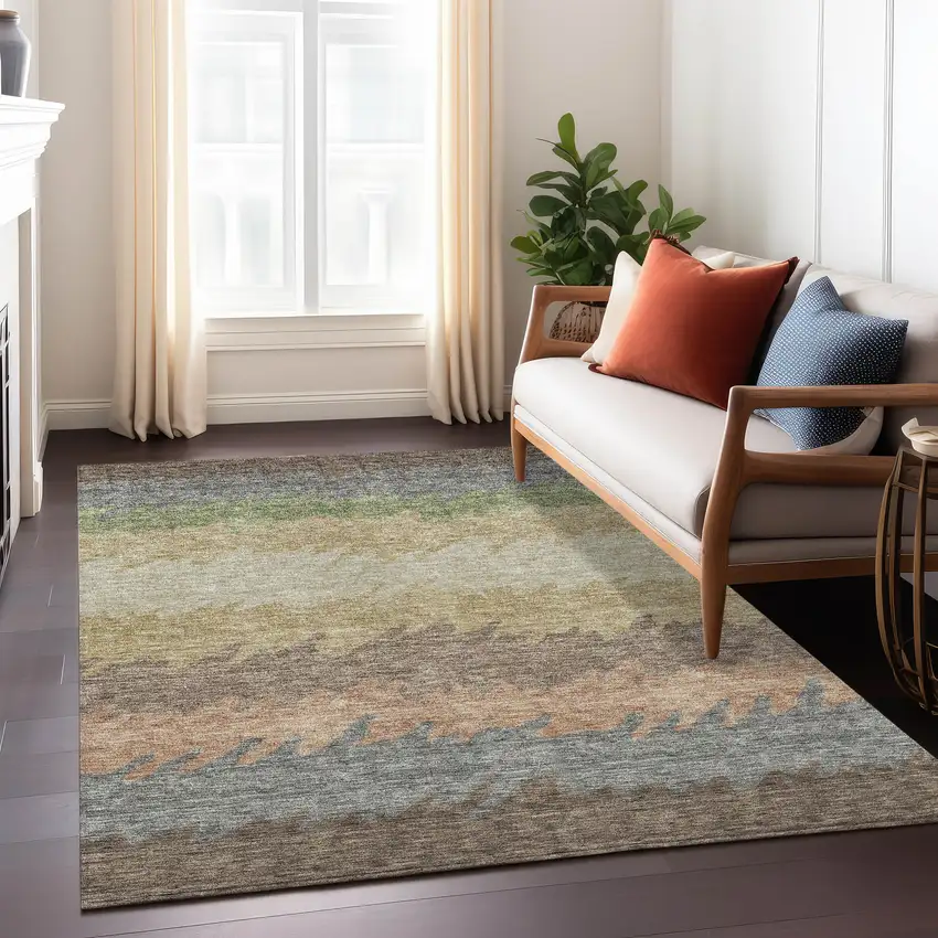 Chocolate Gray And Green Striped Washable Indoor Outdoor Area Rug Photo 9