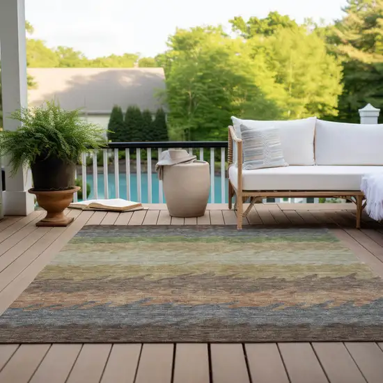 Chocolate Gray And Green Striped Washable Indoor Outdoor Area Rug Photo 9