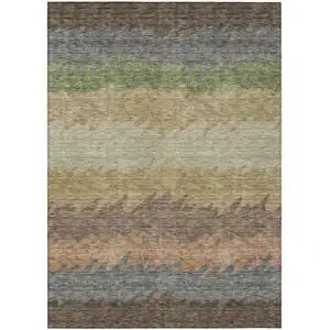 Photo of Chocolate Gray And Green Striped Washable Indoor Outdoor Area Rug